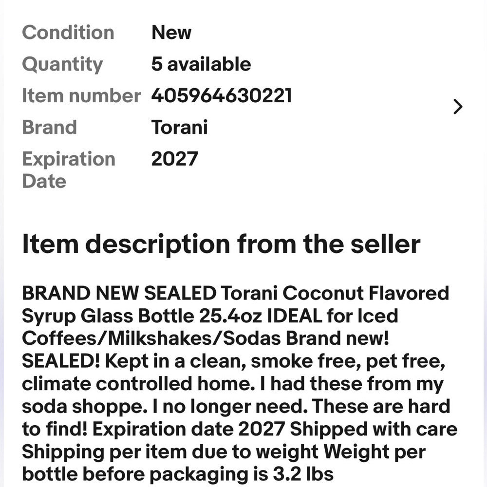 NEW‼️HTF Torani Coconut Syrup Glass Bottle 25.4oz Iced Coffees/Milkshakes/Soda - Picture 3 of 3